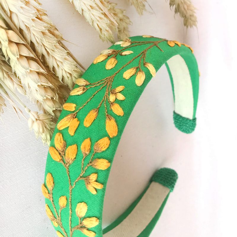 diadema bordada verde y trigos