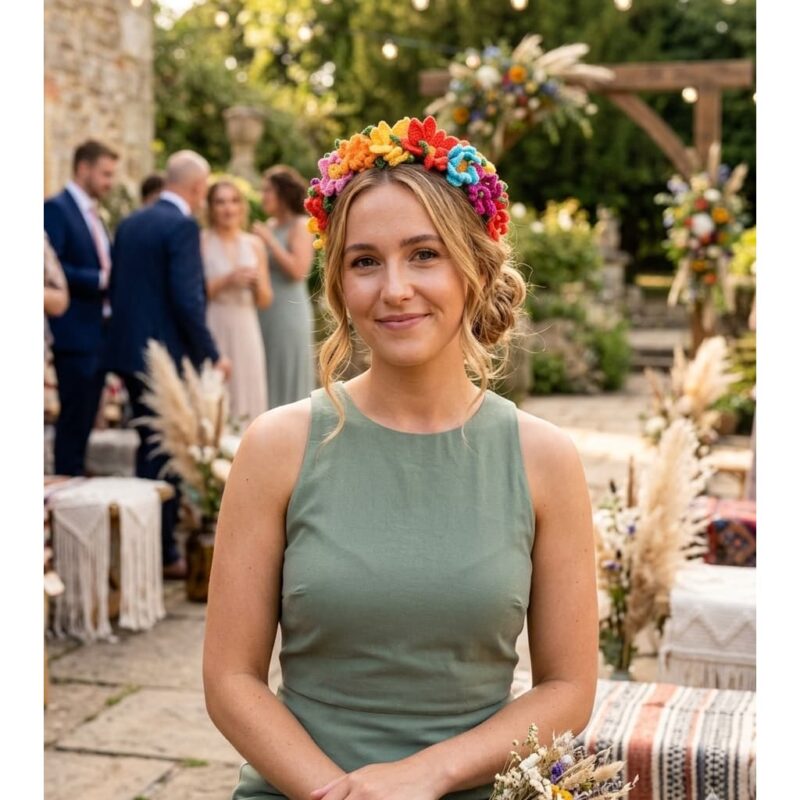 diadema boho con flores multicolor crochet para boda