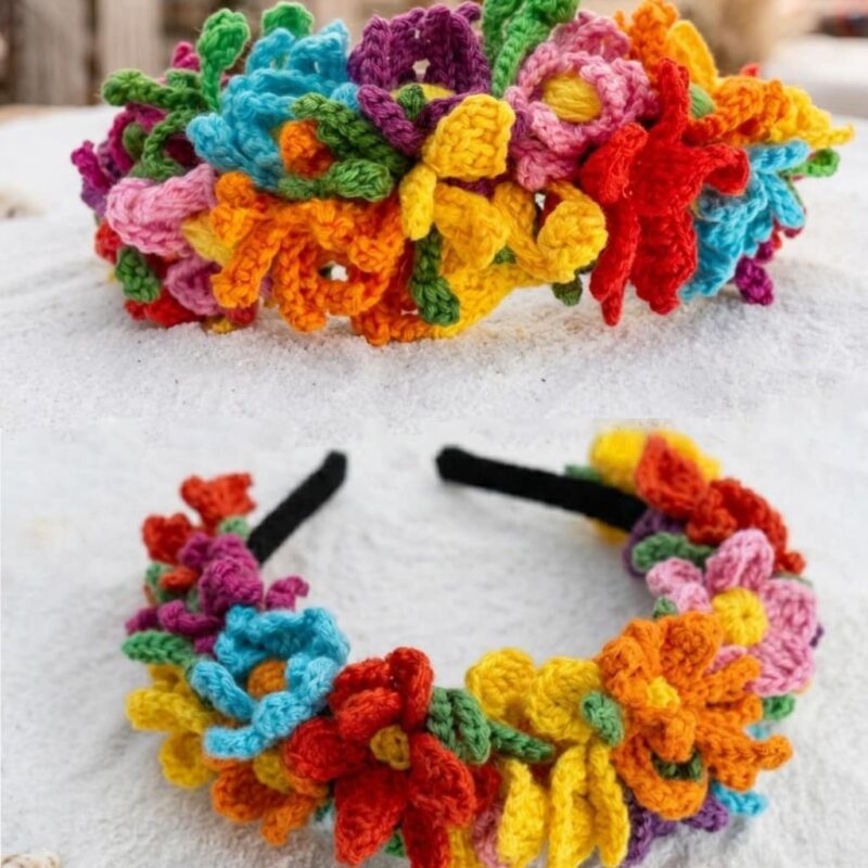 tocado flores colores vibrantes a crochet para invitada